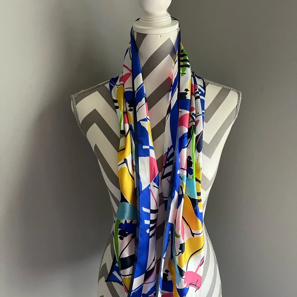 Colorful Abstract Vintage Silk Print Scarf - 52” l x 11” w - Picture 4 of 8